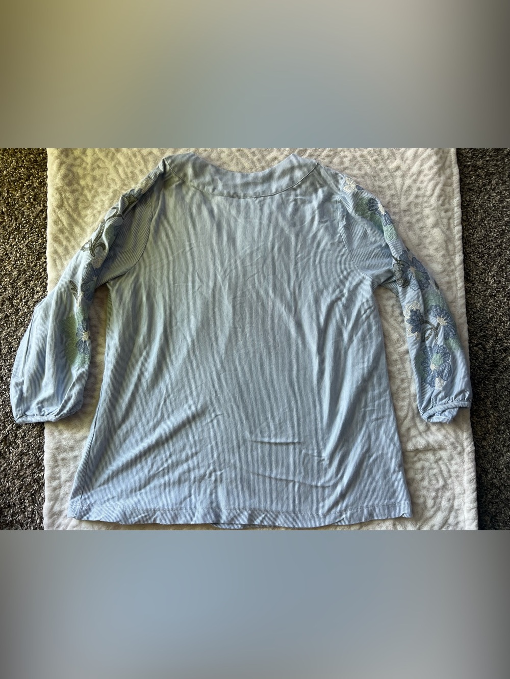 J. Jill Embroidered Floral Top Medium Blue Stripe 100% Cotton V-Neck Boho - Picture 8 of 8